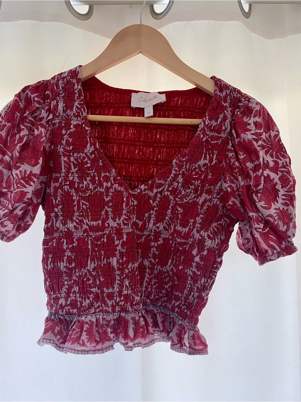 Cleobella Red Floral Smocked Puff-Sleeve Top XS